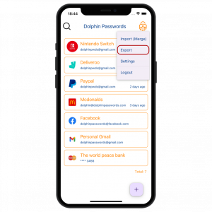 Select Export in Dolphin Passwords iPhone